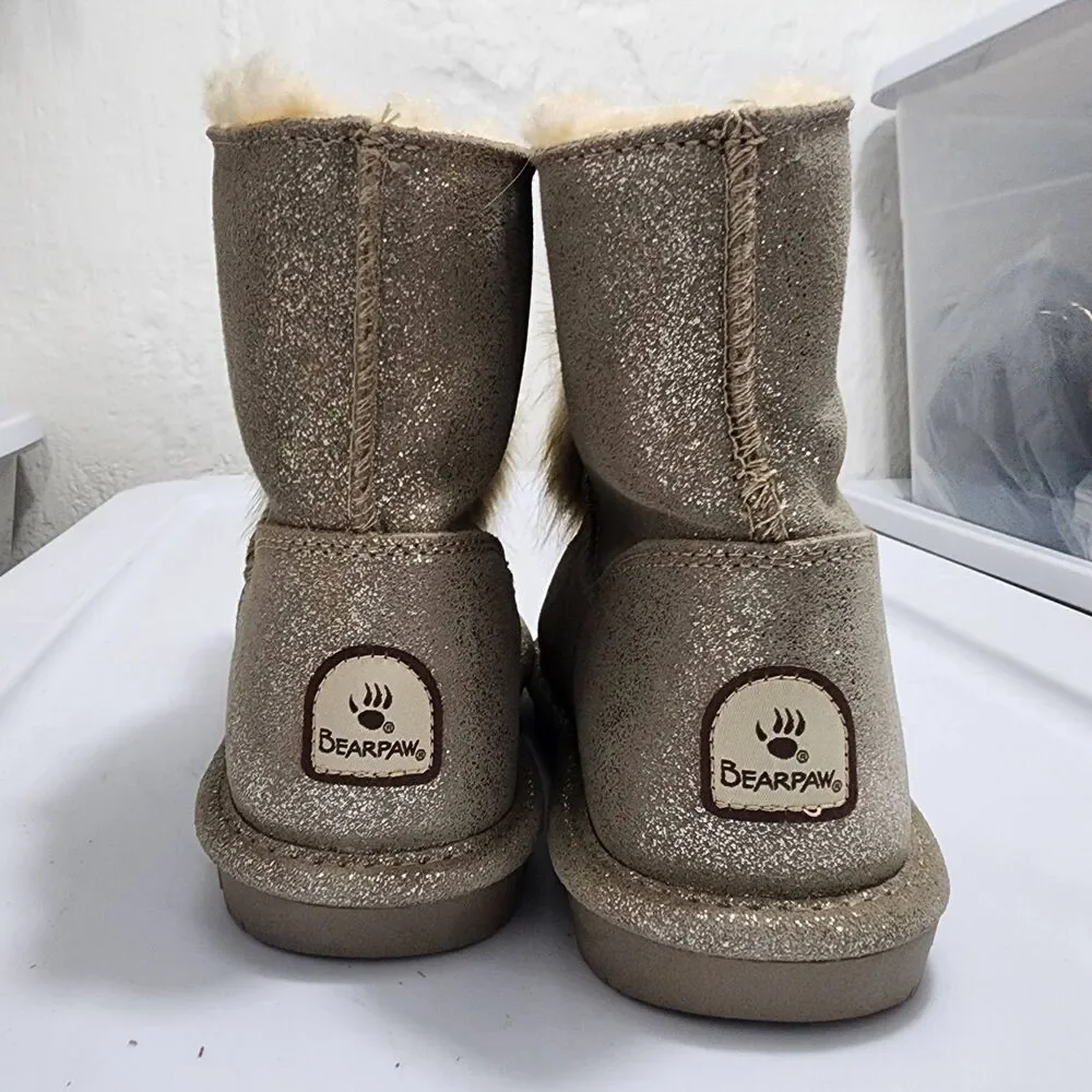 Bearpaw Libby Suede Sheepskin Pom-pom Boots Glittery Pewter Womens Size 8